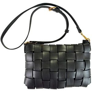 MMS Woven Crossbody Bag Black Faux Leather Gold Hardware Adjustable Strap